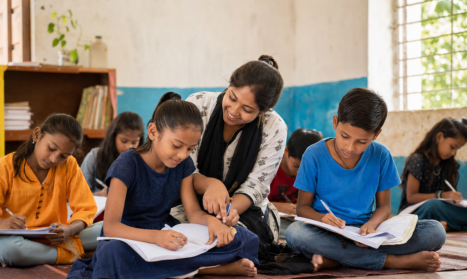 Children learning with volunteer support